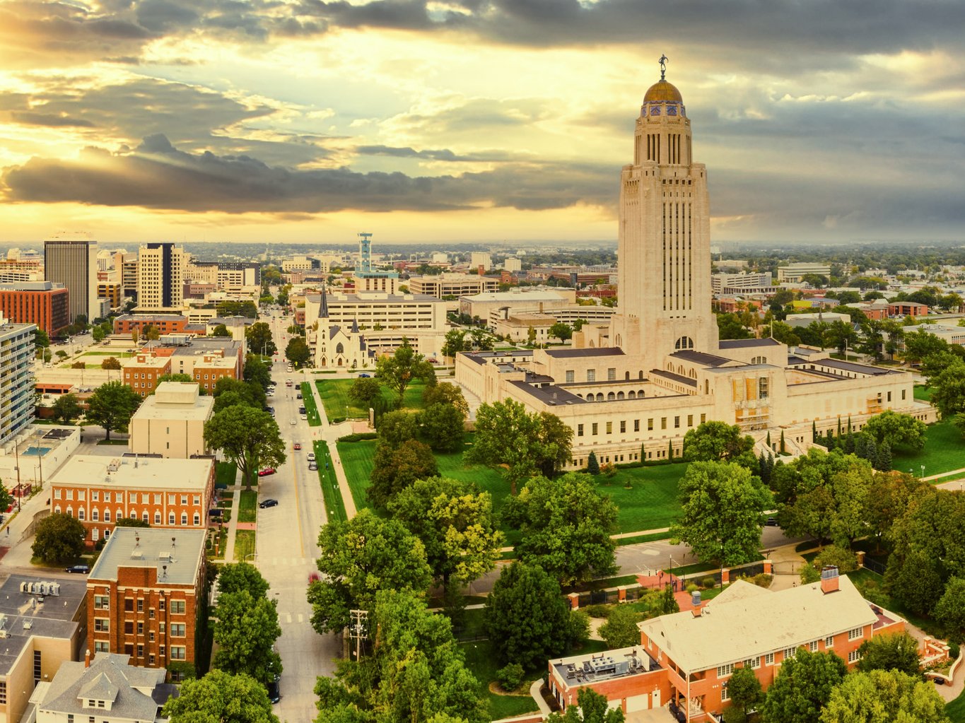 Aerial view of Lincoln, Nebraska and the Nebraska State Capitol Building