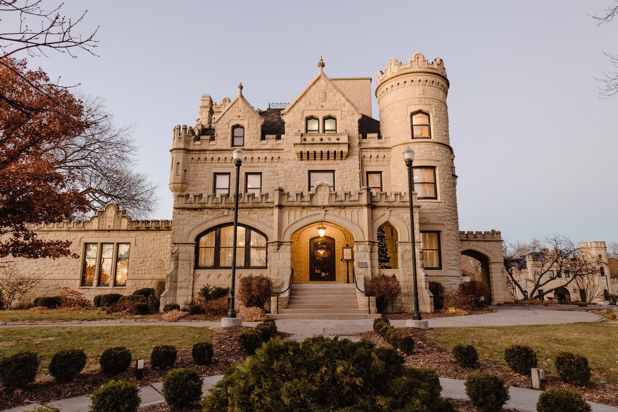 View of the Joslyn Castle out front at dusk.